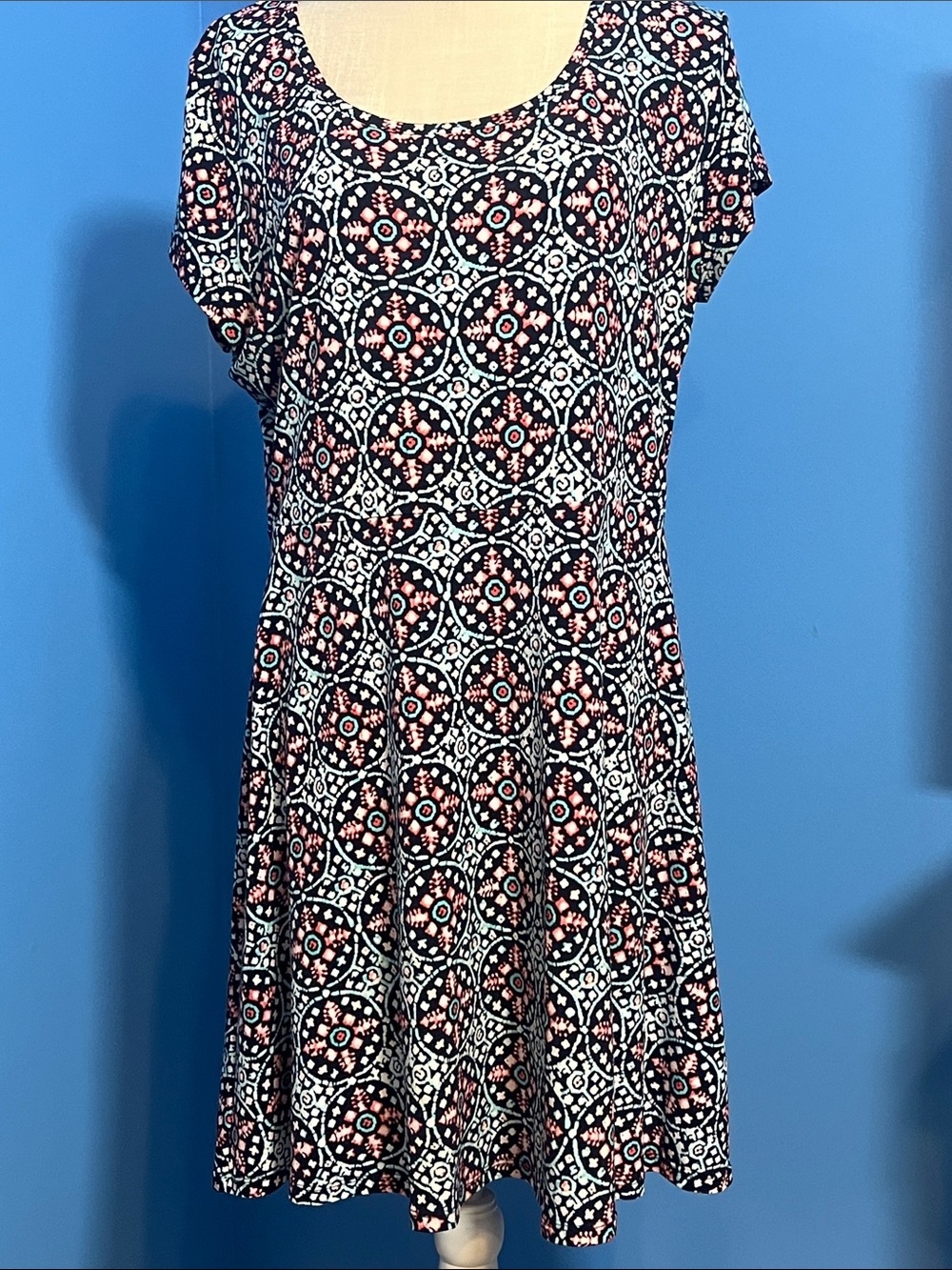 Michael Kors Navy, Coral & White Geometric Mini Dress, Size XL